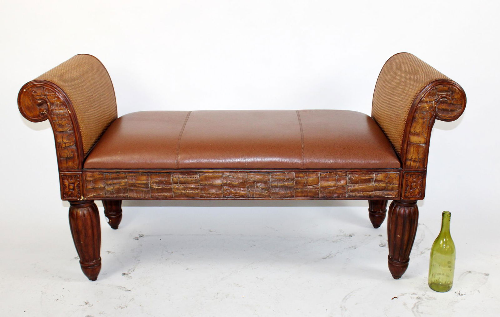 Pulaski leather and rolled arm bench: Pulaski leather and rolled arm backless bench. 27 1/2"h x 53"w x 23 1/2"d
