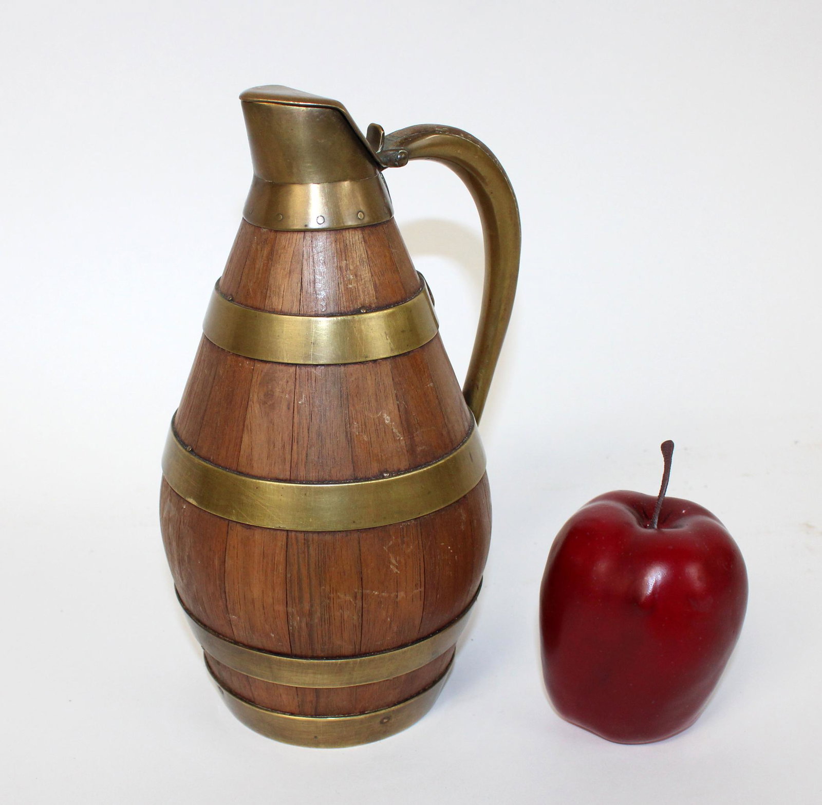 French Alcasian oak & copper wine pitcher: French Alcasian oak & copper wine pitcher. Early 20th century. 9 3/4"h x 7"w x 5 1/4"d