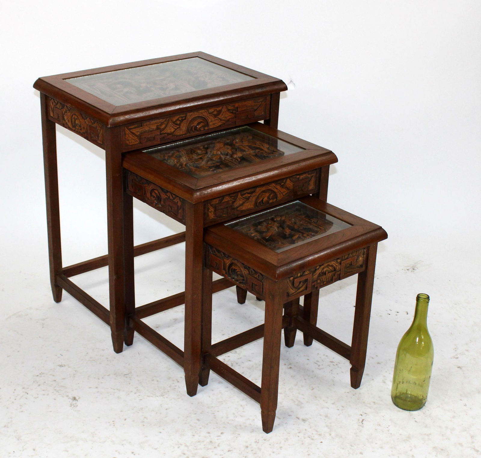 Nest of 3 relief carved Chinese nesting tables (1 of 7)
