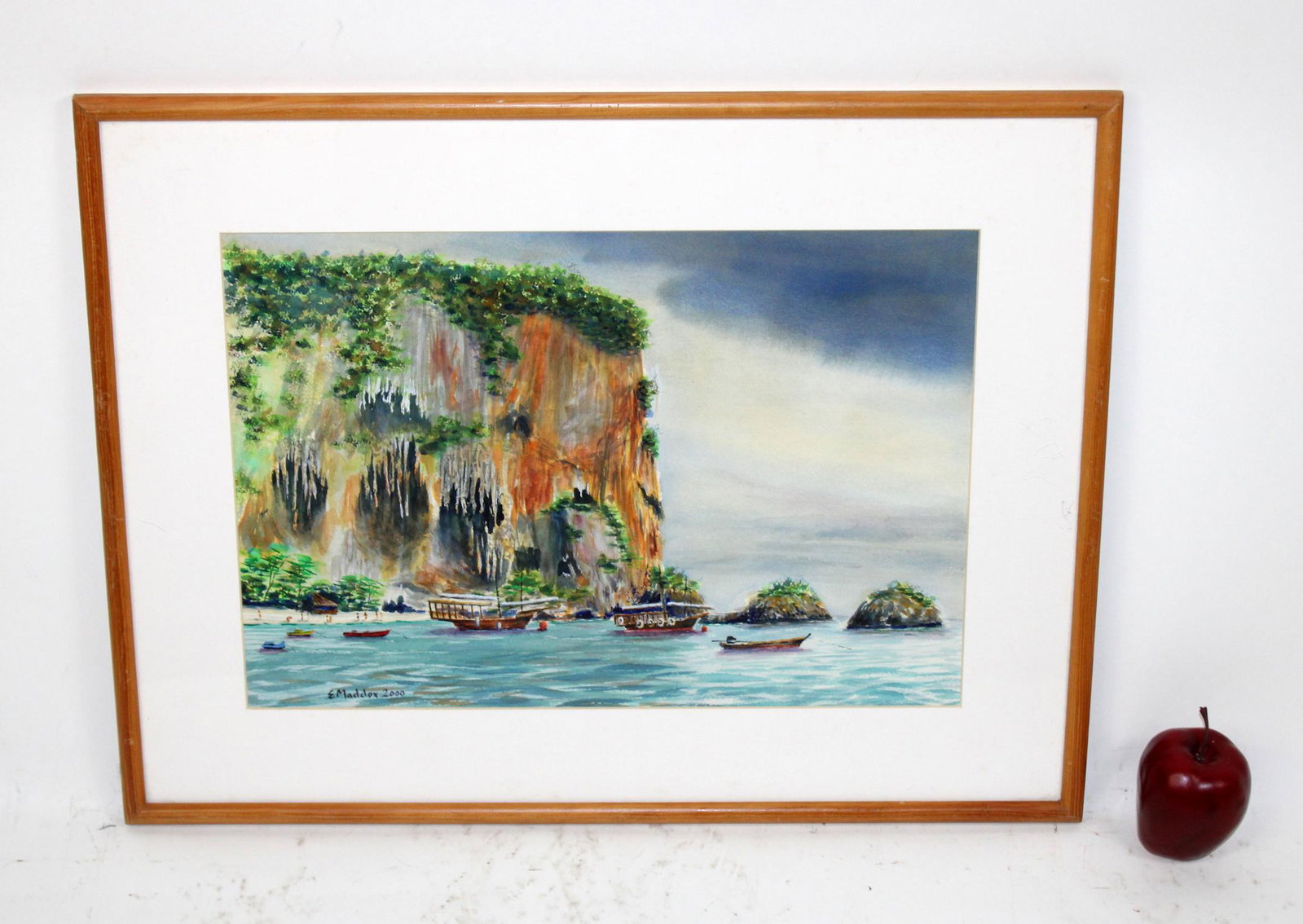 Eric Maddox watercolor on paper: Eric Maddox watercolor on paper depicting Thailand coastal scene. Overall 20 1/2"h x 26"w, Paper sight size 13"h x 19 1/4"w
