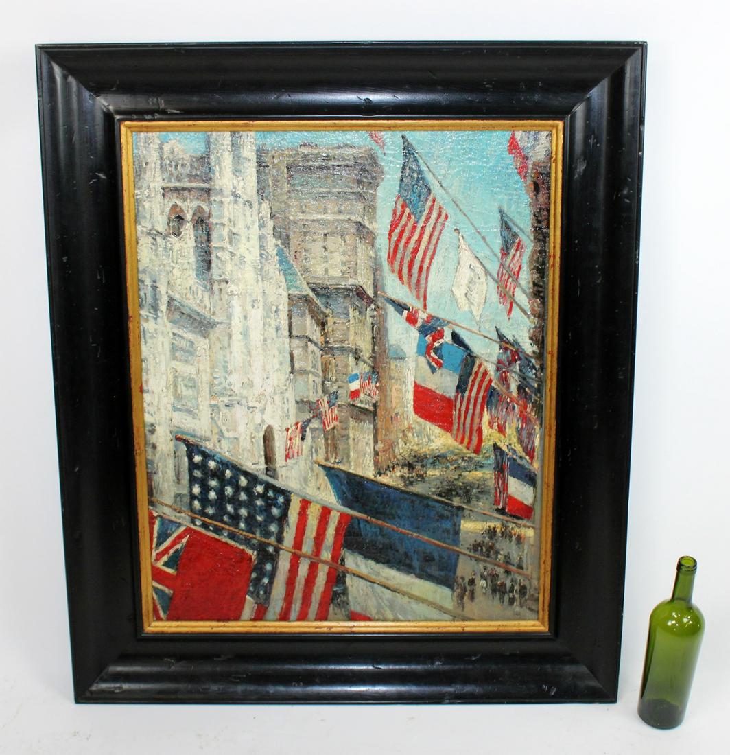 Oil on canvas After Childe Hassam: Oil on canvas After Childe Hassam's "Allies Day". Unsigned. Framed size 39"h x 33 1/2"w, canvas size 30"h x 24"w