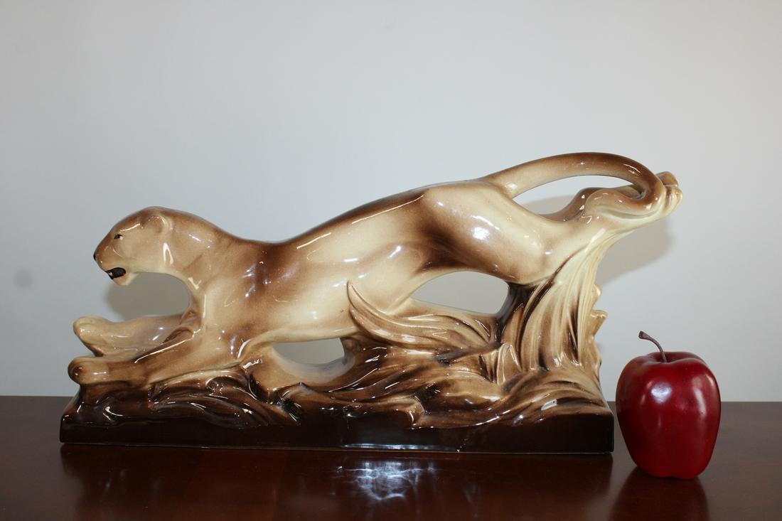 Art Deco glazed ceramic sculpture mountain lion (1 of 6)