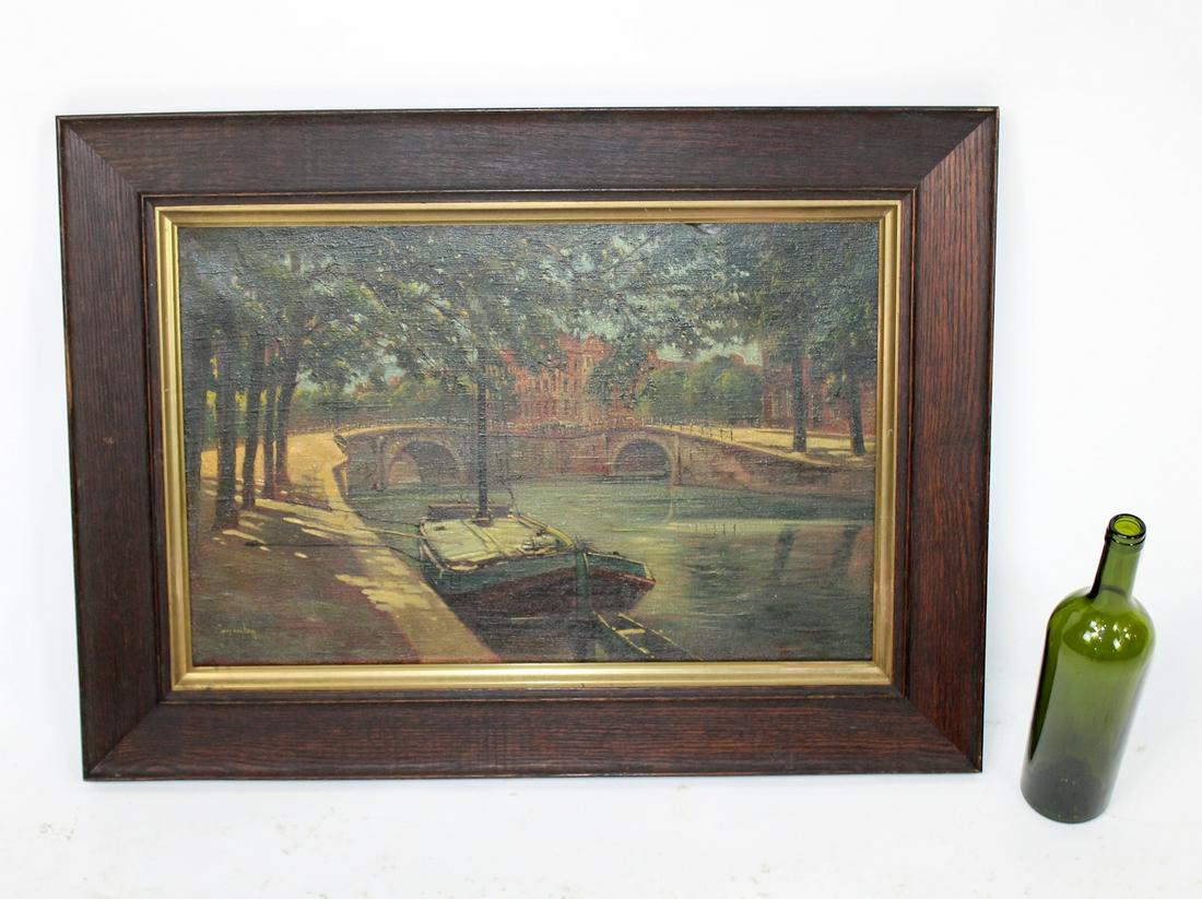Dutch oil on canvas depicting canal scene: Dutch oil on canvas depicting canal scene signed lower left Jaap Van Dam. Overall framed size 21"h x 28 1/2"w, sight size 14 1/4"h x 22 1/2"w