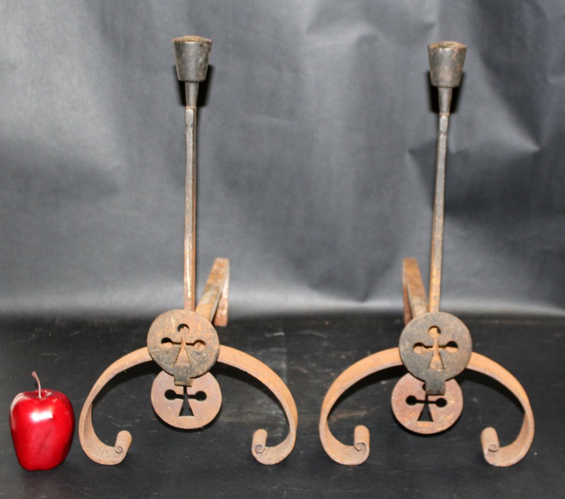 Pair of iron andirons with trefoil medallion (1 of 4)