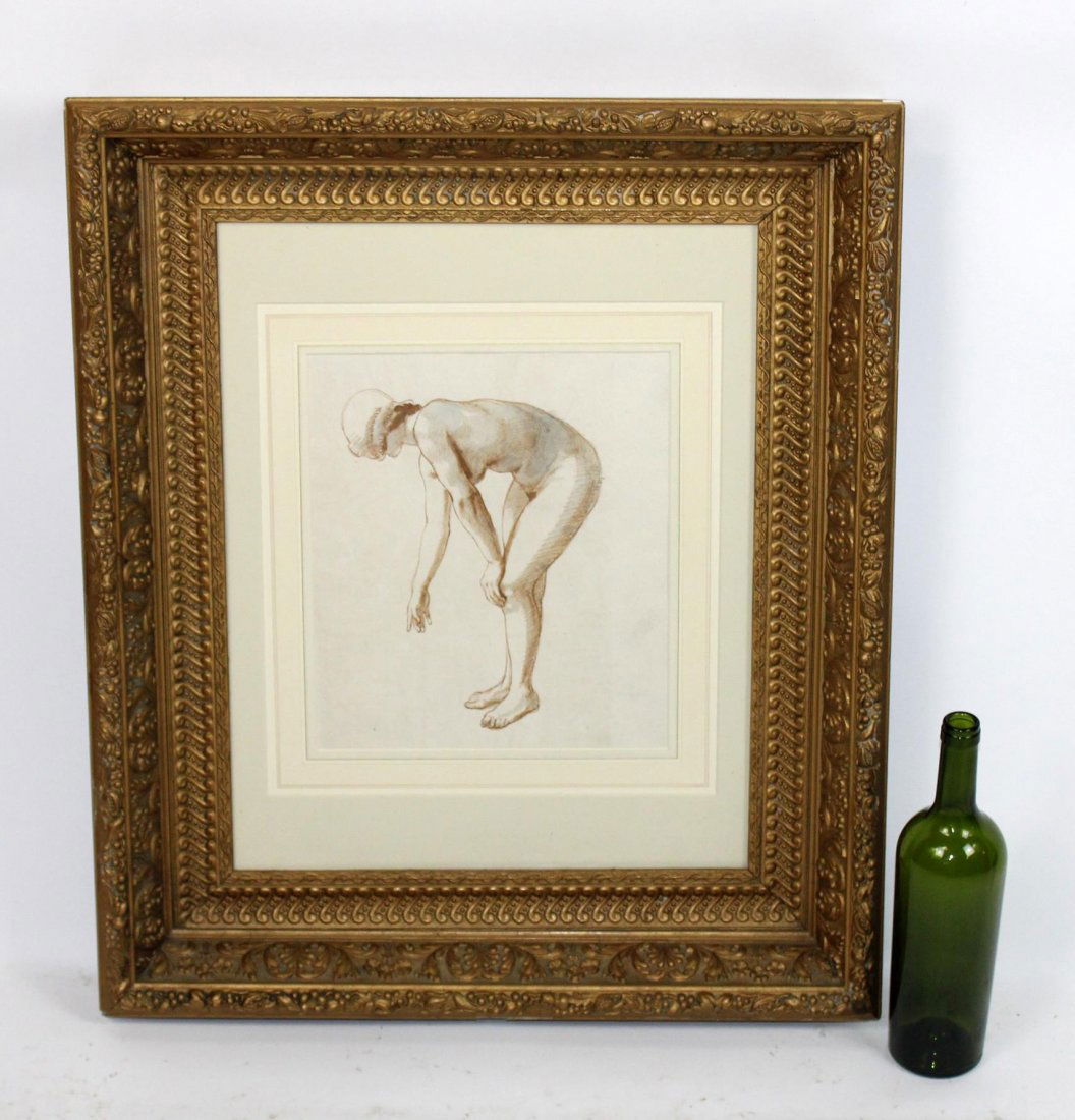 Randolph Schwabe pen & ink figural nude study: Randolph Schwabe (British, 1885-1948) Pen, ink & wash drawing figural nude entitled "Life Study of a female nude bending forward". 12 5/8"h x 10 5/8"w Framed size 27 1/2"h x 23 1/2"wProvenance: Thos.