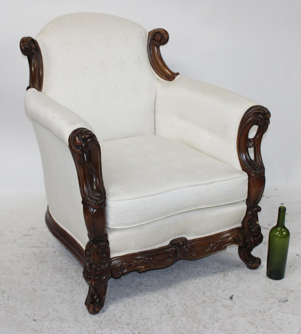 Victorian carved fireside chair with white upholstery (1 of 9)