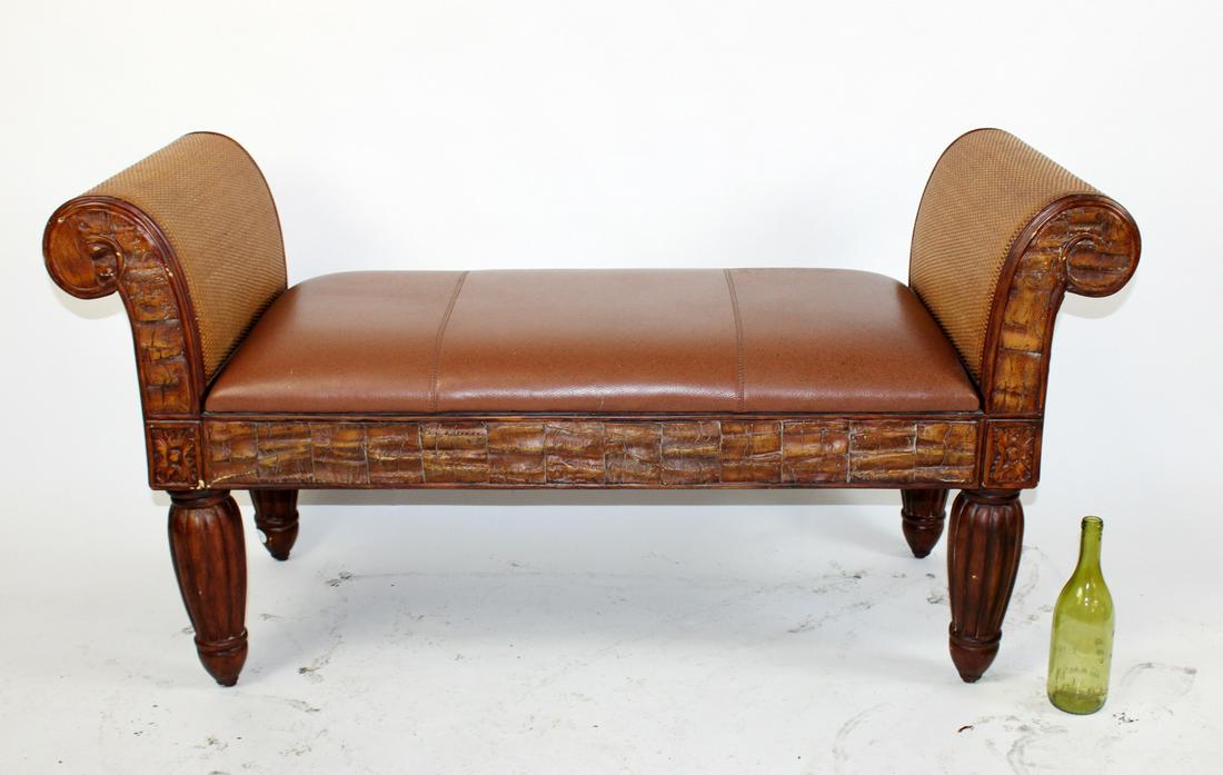 Pulaski leather and rattan rolled arm bench (1 of 7)