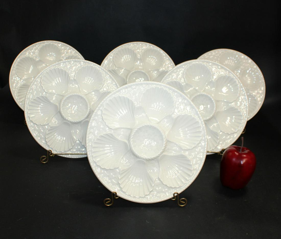 Lot of 6 French Longchamp oyster plates: Lot of 6 French Longchamp white oyster plates. 9 5/8"dia