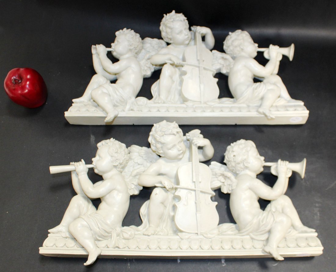 Pair of cast resin musical cherub crests (1 of 5)