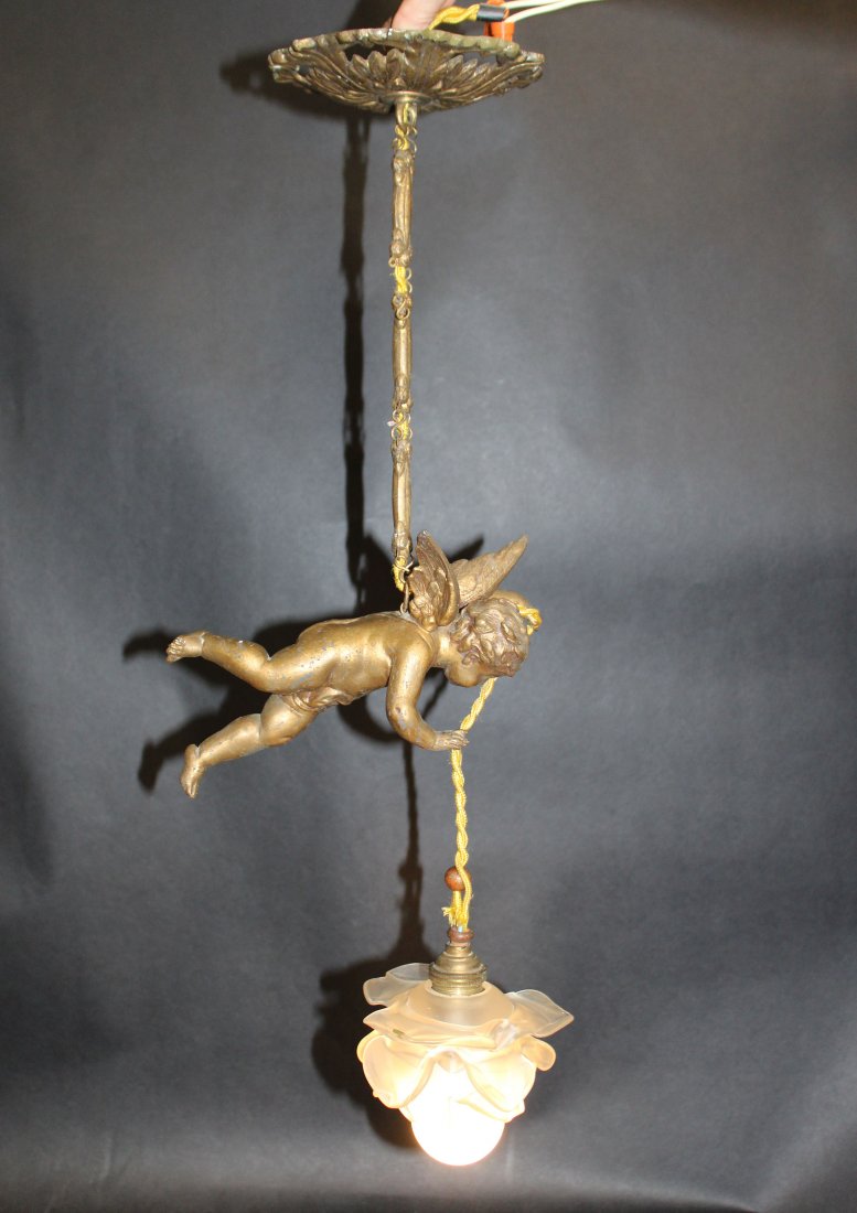 French gilt metal hanging light with cherub (1 of 6)