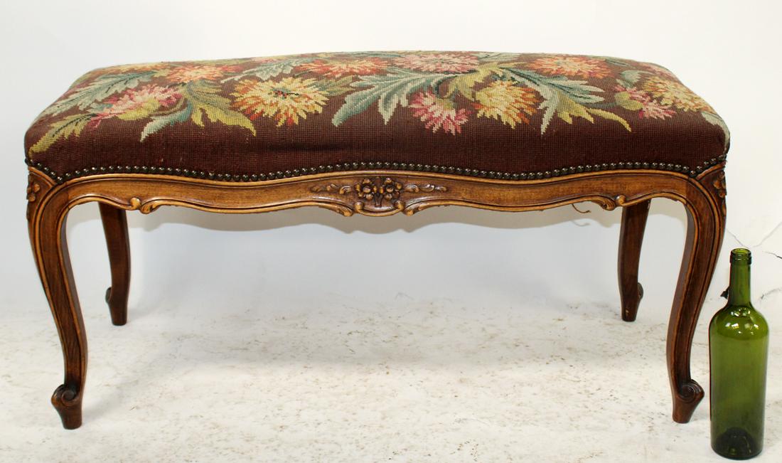French Louis XV carved walnut bench with needlepoint (1 of 9)