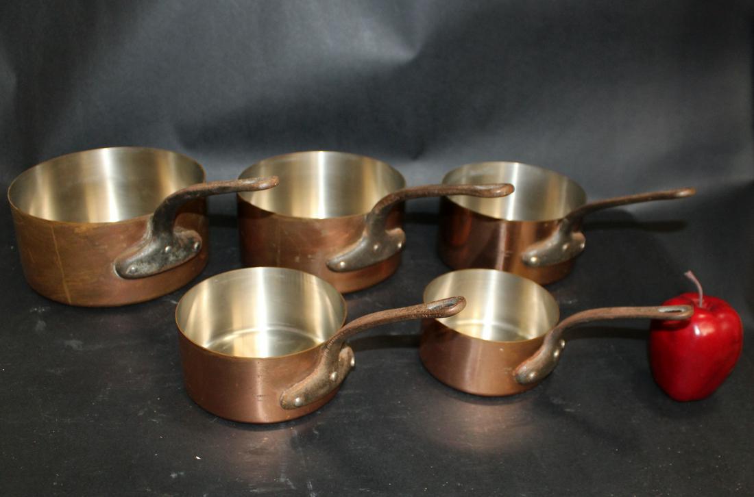 Nest of 5 French Tournus copper pots (1 of 7)