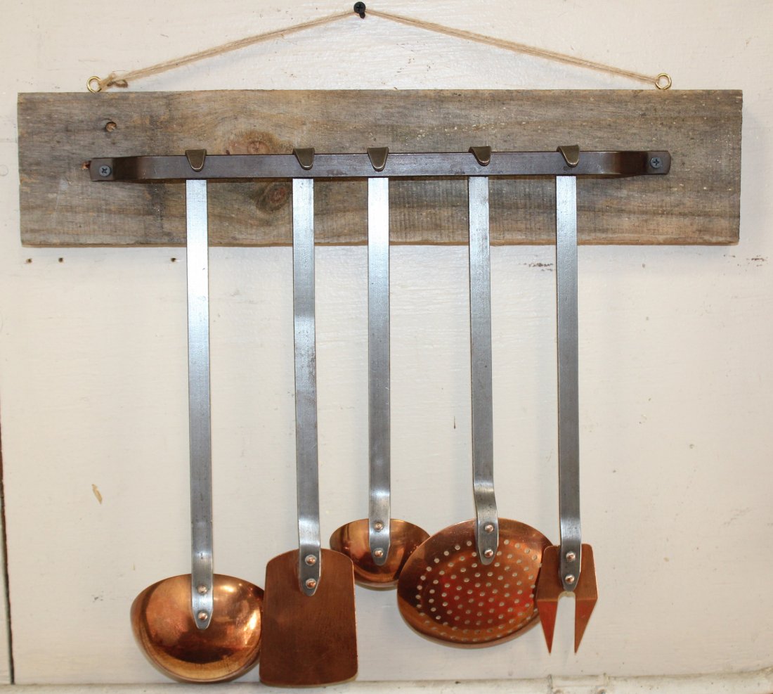 Set of 5 French copper utensils on iron & wood rack: Set of French copper serving utensils on iron & wood rack. Board is 19"w