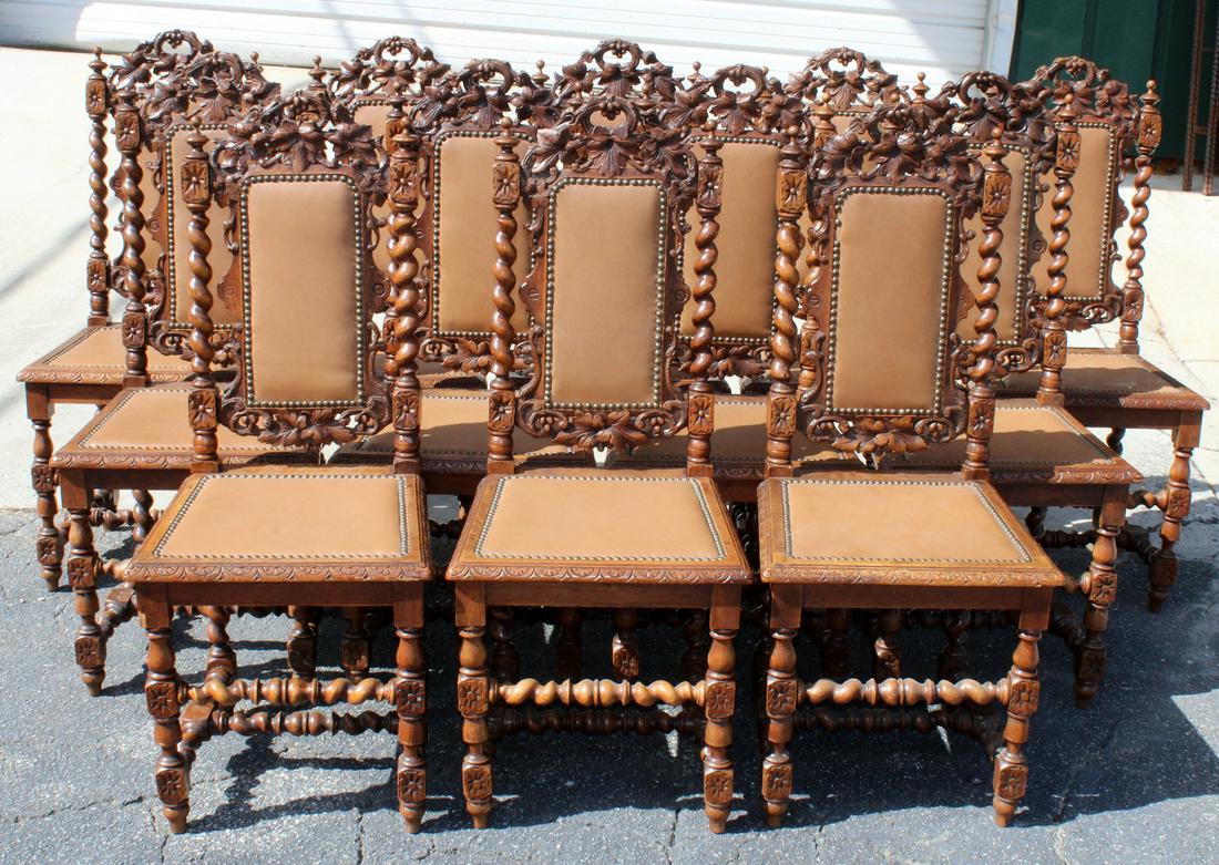 Set of 12 French oak barley twist chairs with leather (1 of 8)