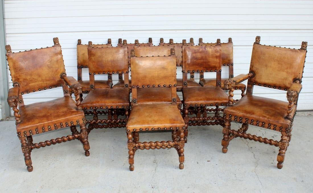 Set of 10 French oak chairs with barley twist, lion (1 of 12)