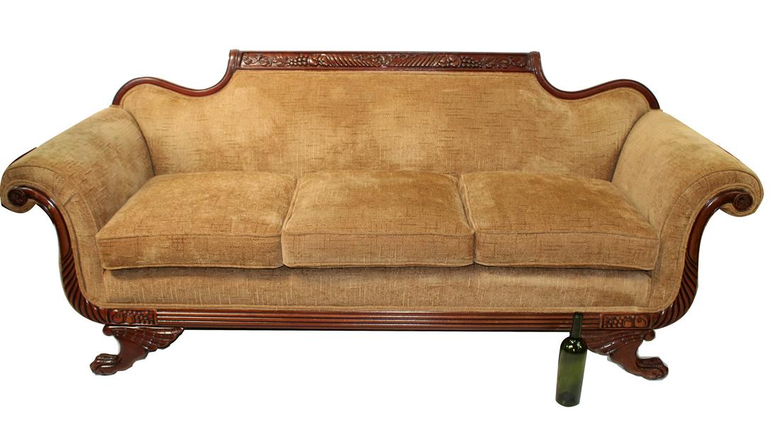 Duncan Phyfe style sofa on paw feet with cornucopia: Duncan Phyfe style sofa on paw feet with carved cornucopia. Early 20th century. 35 1/2"h x 88"l x 32"d