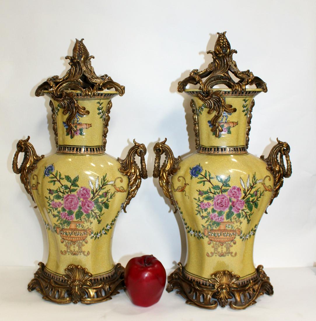 Pair of floral yellow porcelain urns (1 of 6)