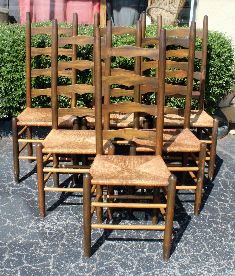Set 6 primitive ladder back rush seat chairs (1 of 9)