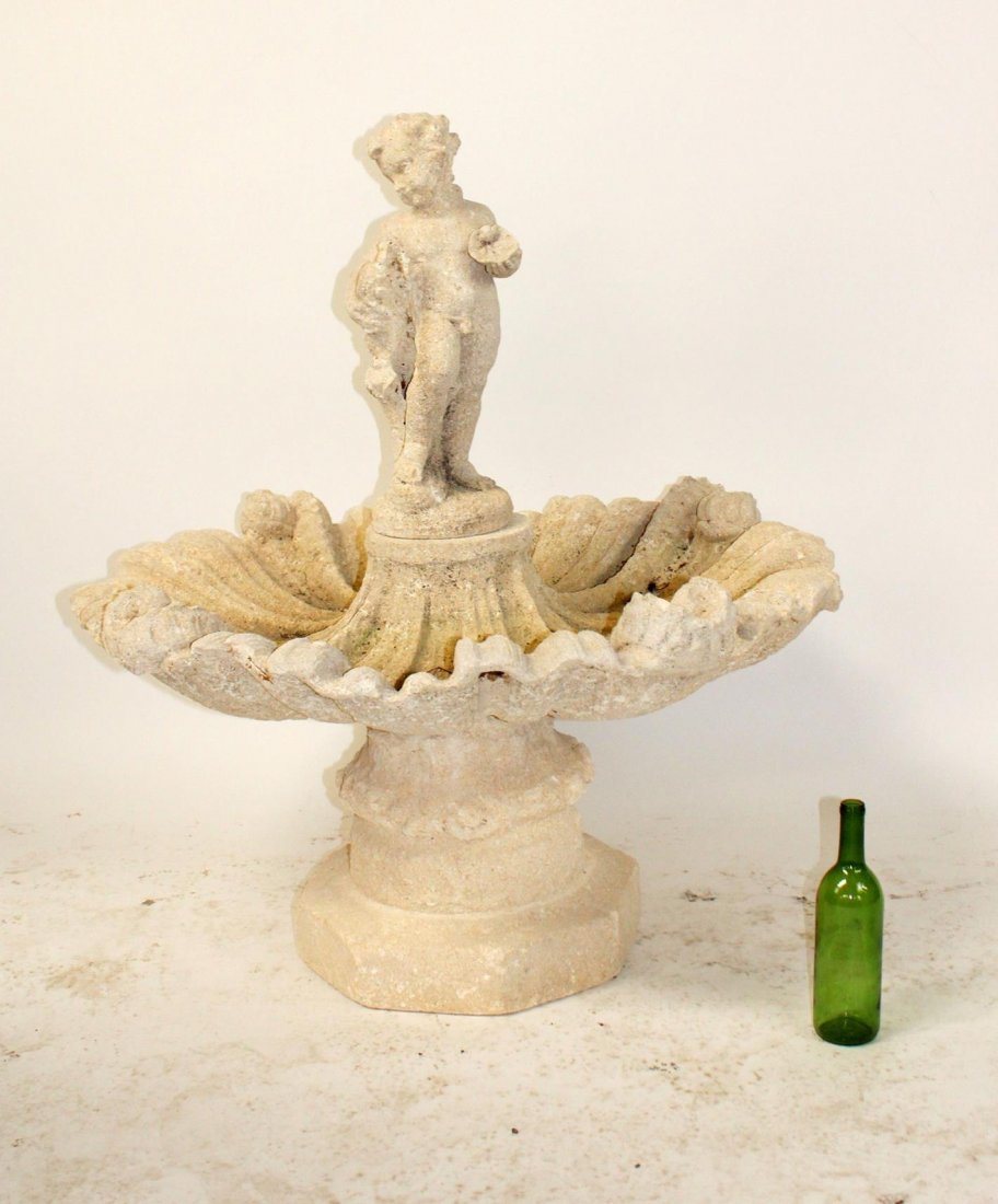 Cast stone garden fountain with shell basin (1 of 6)