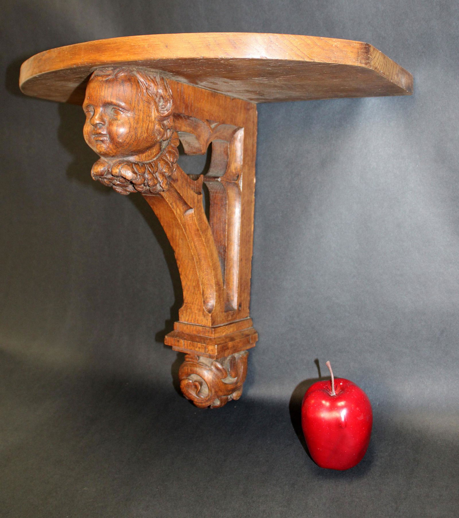French Gothic Revival carved oak wall shelf with cherub (1 of 11)