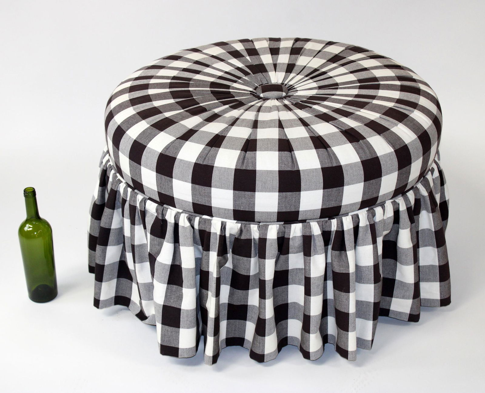 Gingham upholstered round ottoman (1 of 5)