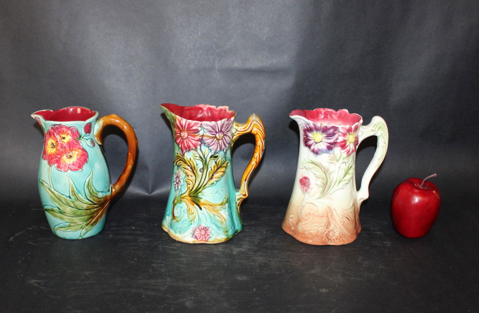 Lot of 3 French Majolica pitchers (1 of 9)
