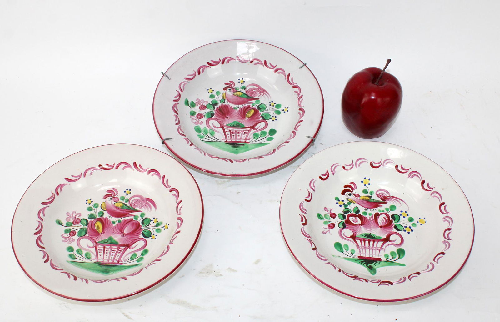 Lot of 3 French majolica bowls with roosters: Lot of 3 French majolica bowl with roosters. Early 20th century. 1 1/2"h x 8 3/4"dia