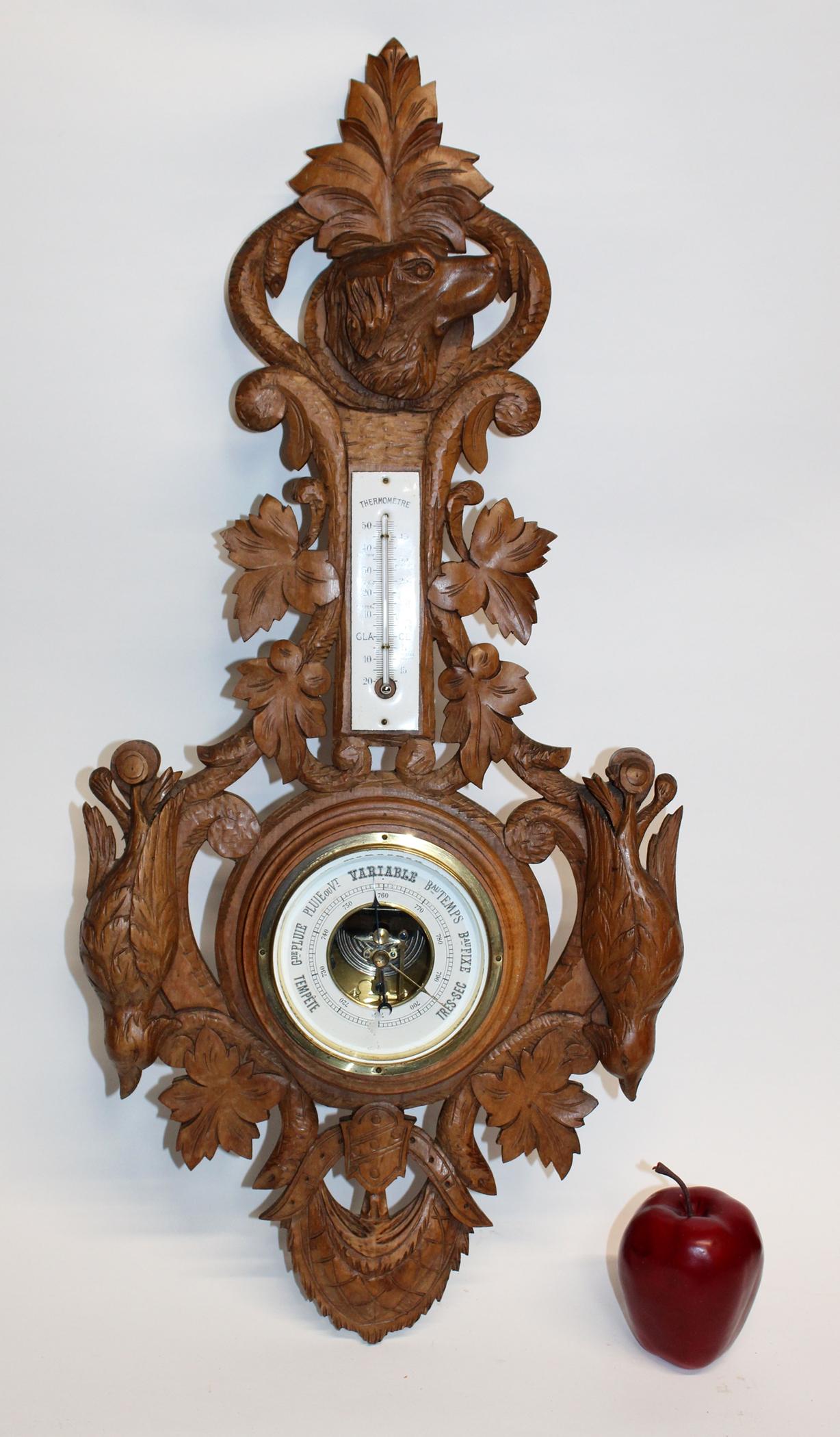 French carved walnut barometer with game (1 of 6)