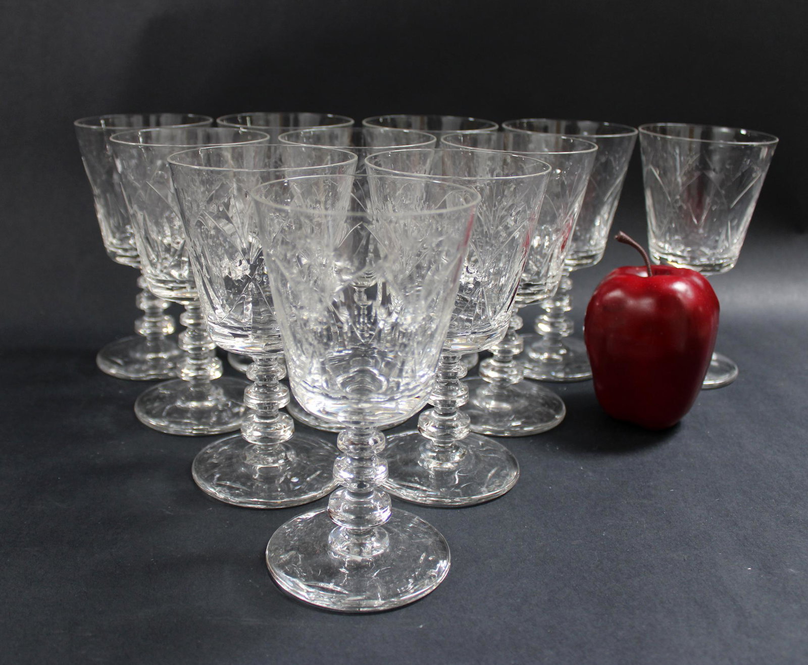 Set of 11 crystal wine glasses: Set of 11 crystal wine glasses. 6 1/4"h x 3 1/4" dia