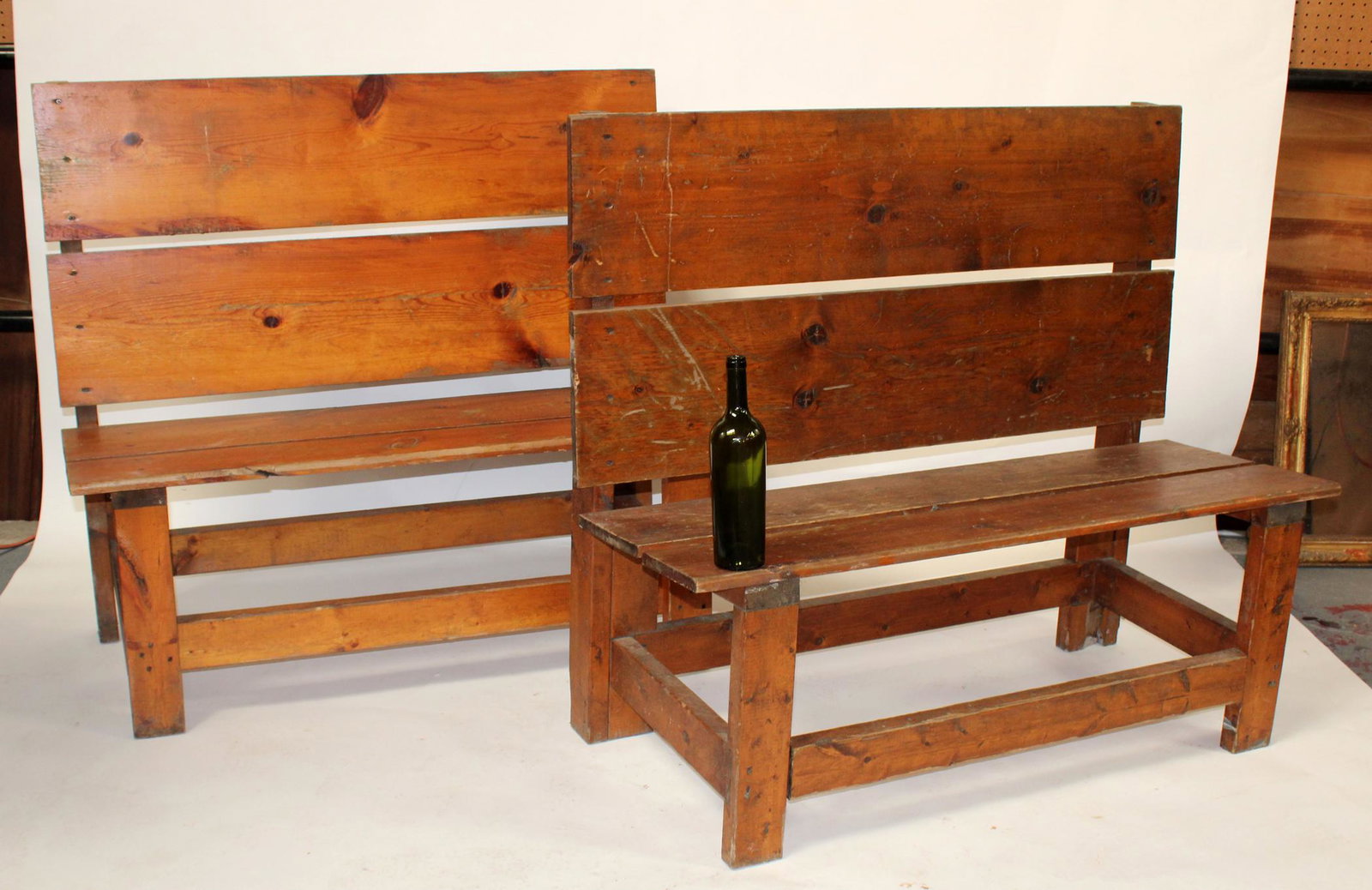Pair of primitive high back benches (1 of 5)