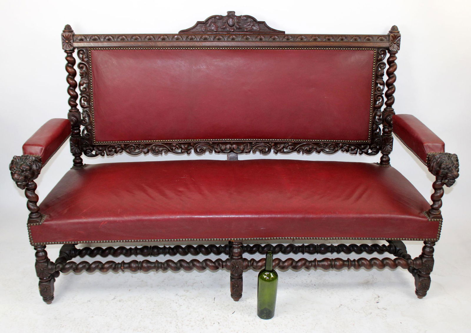 French Louis XIII carved oak bench with lion heads (1 of 7)