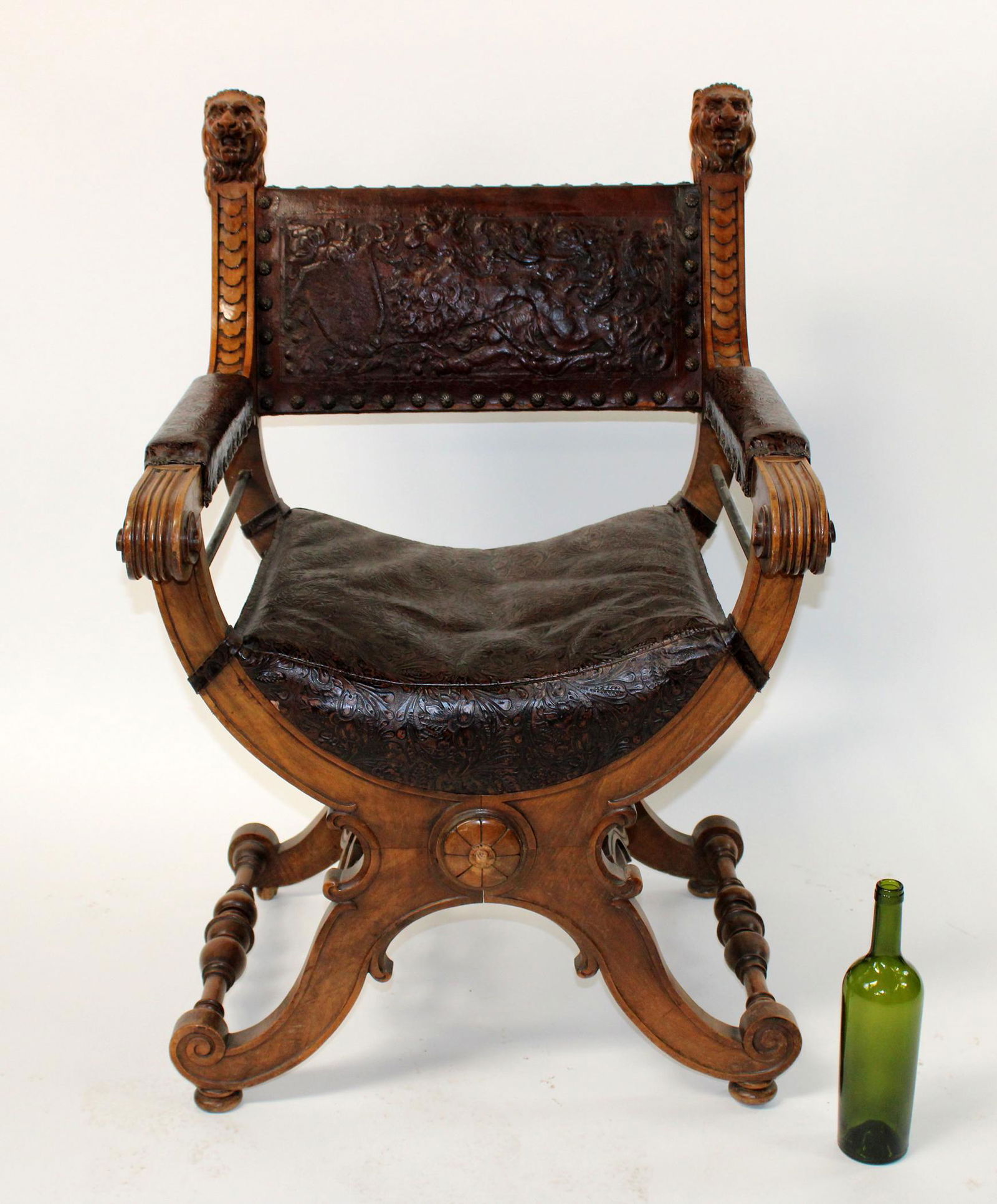 French carved walnut and tooled leather Curule armchair (1 of 12)
