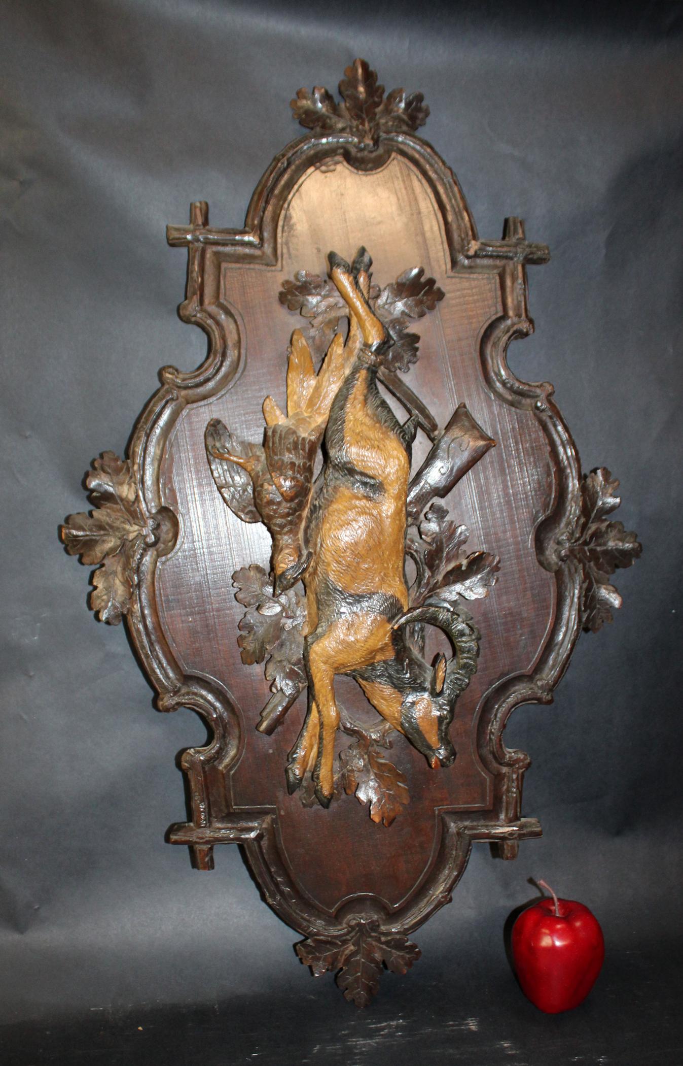 Antique Black Forest carved trophy plaque with antelope (1 of 11)
