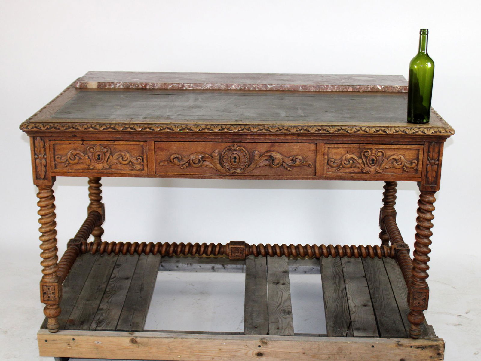 French bureauplat desk in oak with leather & marble (1 of 12)