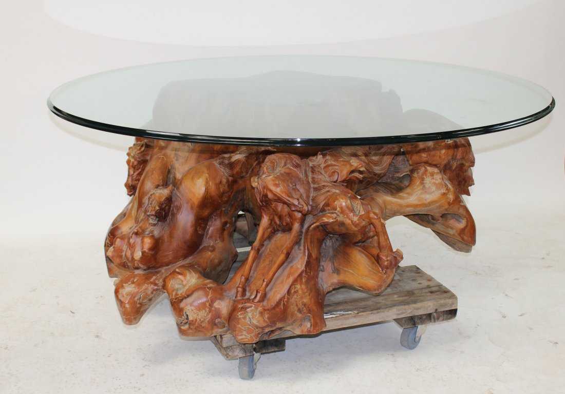Teak root coffee table carved with horses (1 of 7)