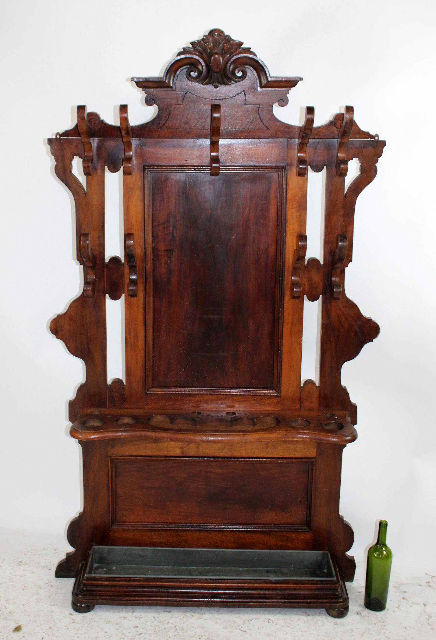 French walnut hall tree with cabochon crest (1 of 6)