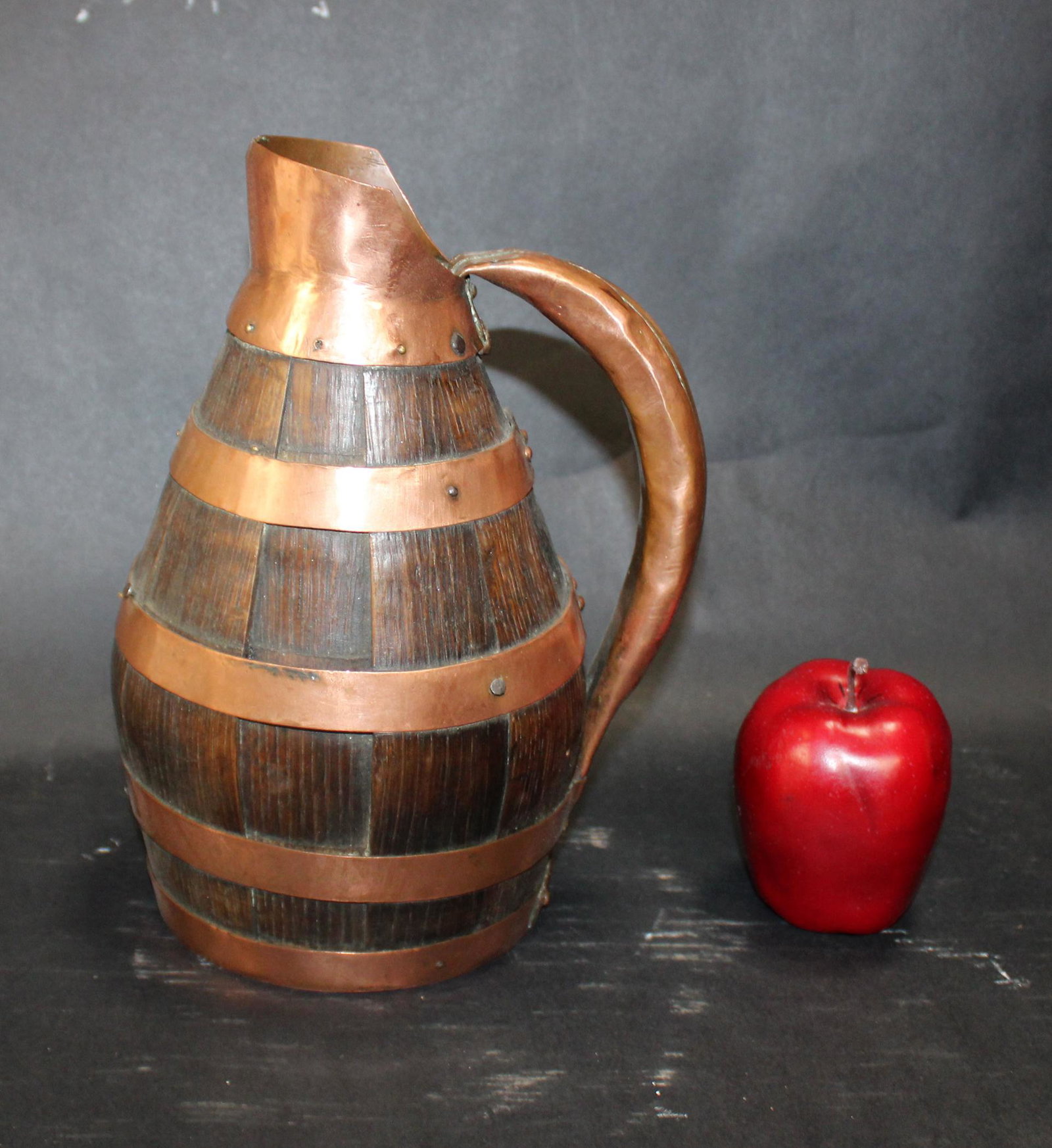 French Alsacian oak & copper wine pitcher: French Alsacian oak & copper wine pitcher. Early 20th century. 10 3/4"h x 7 1/2"w overall with handle