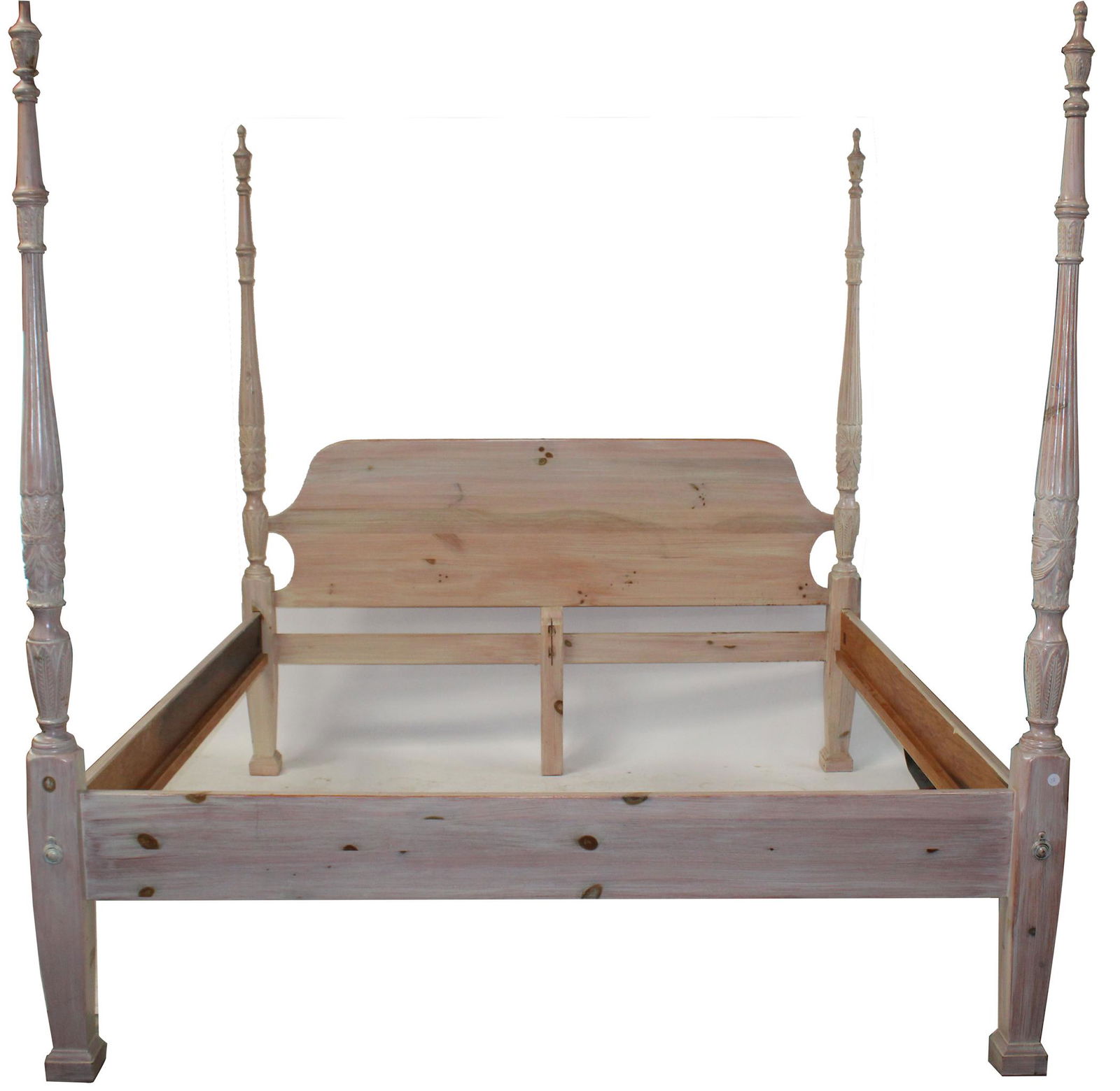 4 poster king size rice bed white washed: 4 poster king size white washed rice bed. Marked Made in USA. No other makers mark. Overall 87"h to top of posts x 83"w. Headboard back is 47"h. Footboard 24"h. Rails are 83"long.