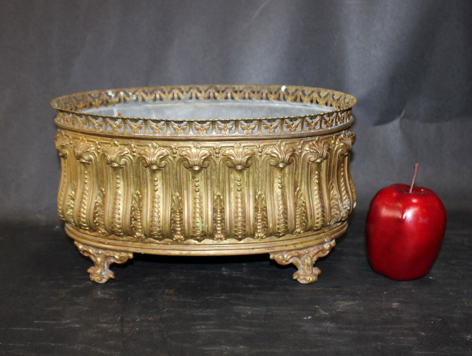 Oval brass cachepot with zinc liner (1 of 5)