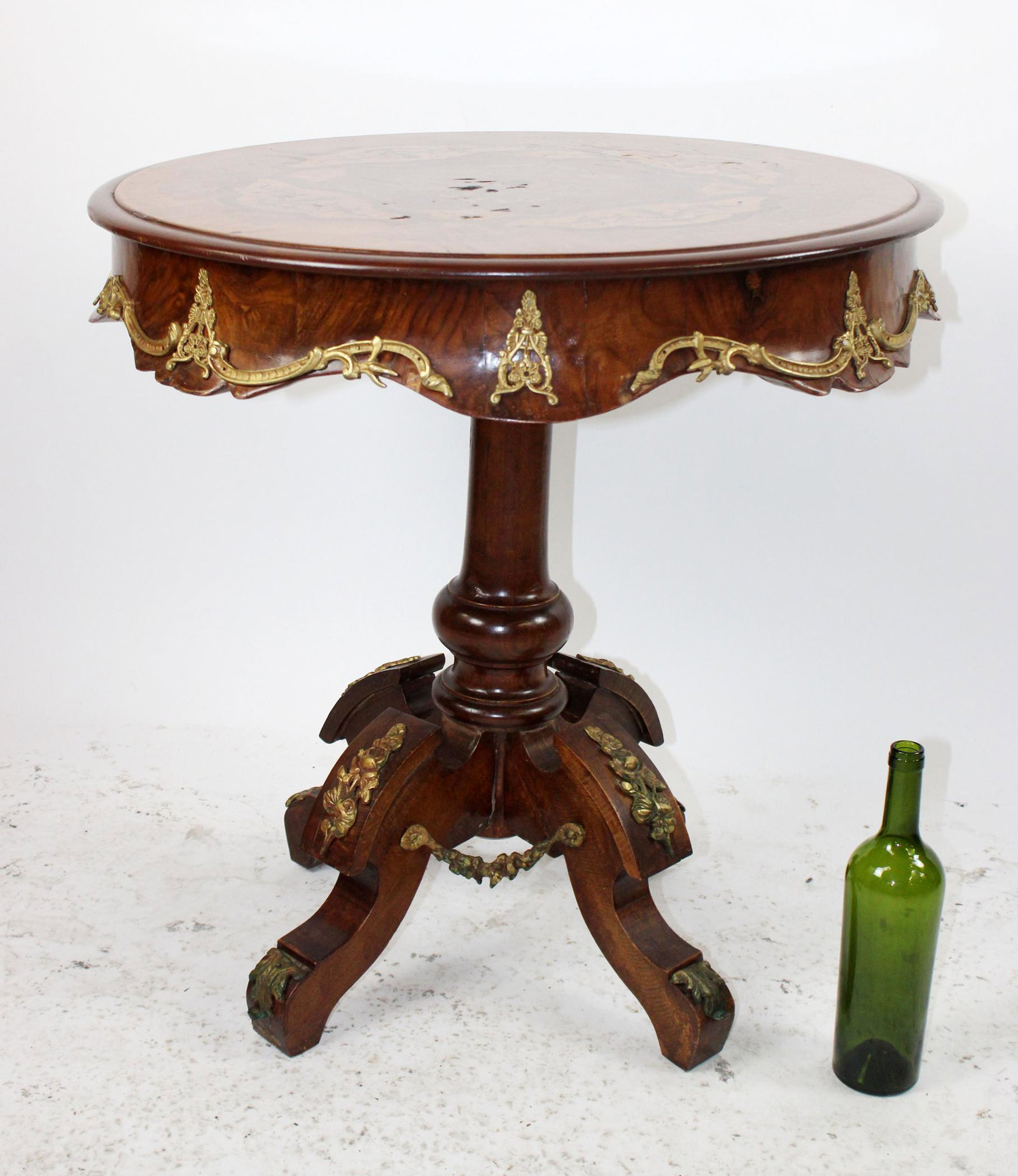 Marquetry and ormolu round side table: Marquetry and ormolu round side table. Late 20th century. 27 1/2"h x 27" dia