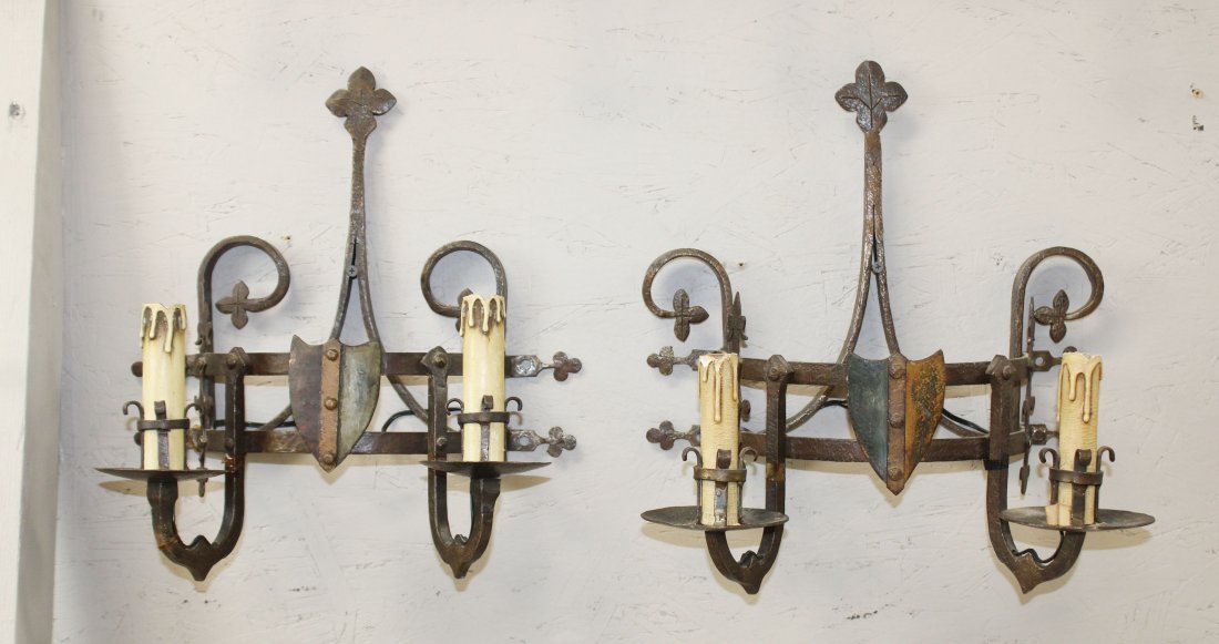 Pair of French wrought iron castle sconces with shields (1 of 5)