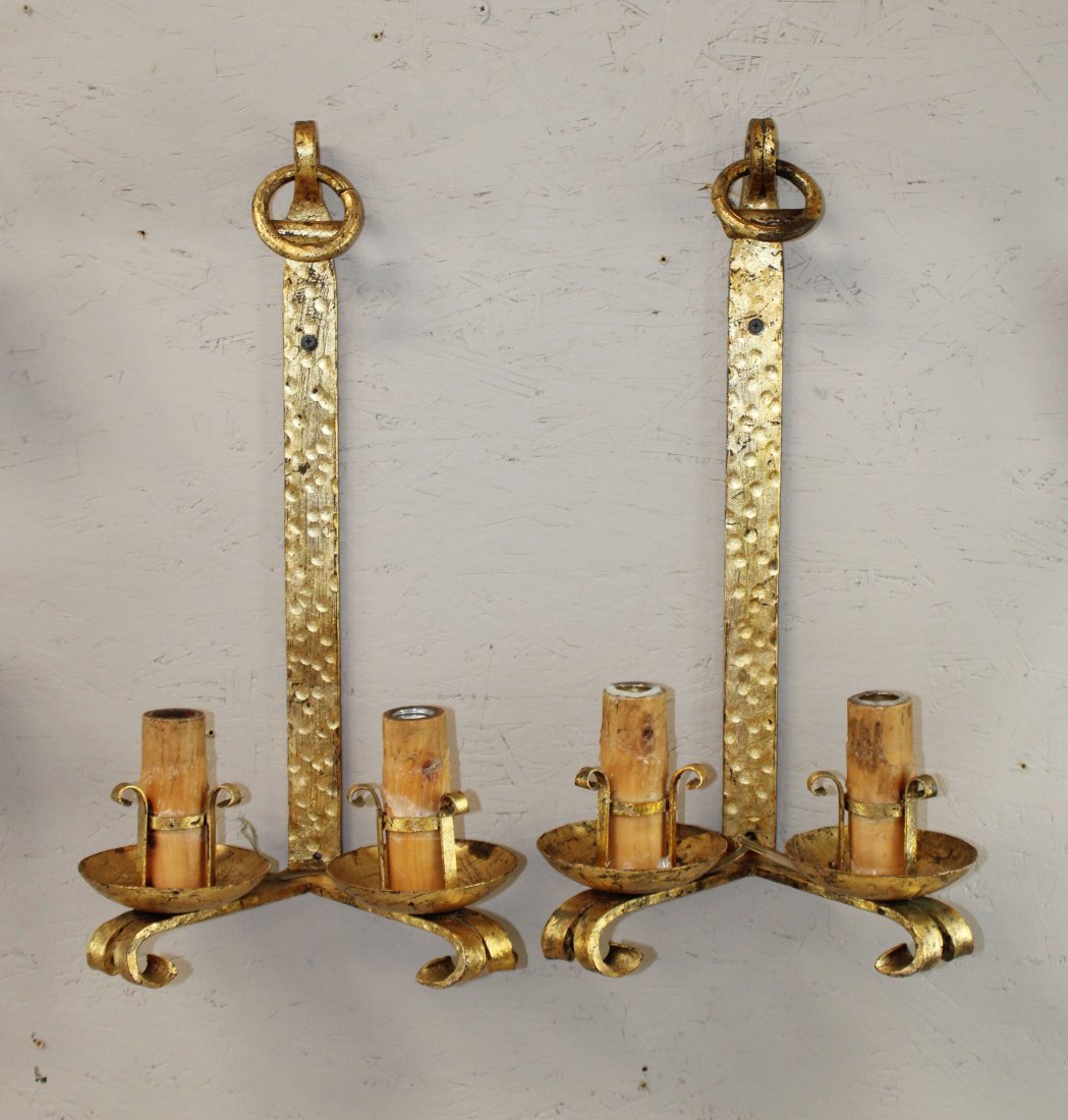 Pair of French hammered iron gilded wall sconces (1 of 7)
