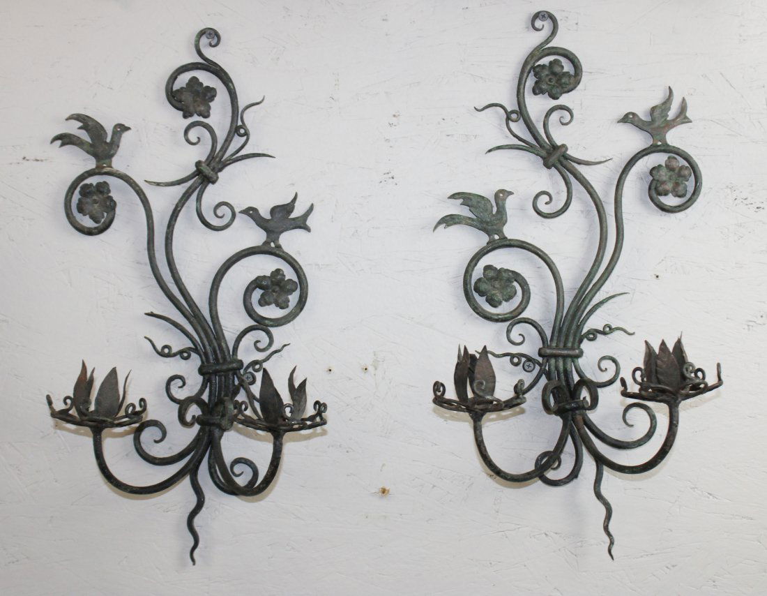 Pair of French wrought iron sconces with birds (1 of 4)