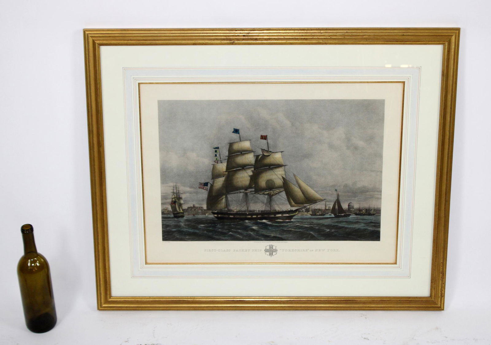 First class packet ship Yorkshire NY engraving: James Connell & Sons English engraving "First class packet ship Yorkshire NY". Overall size 27 1/2"h x 33 3/4"w overall, paper sight size 17 1/2"h x 23 3/4"w.