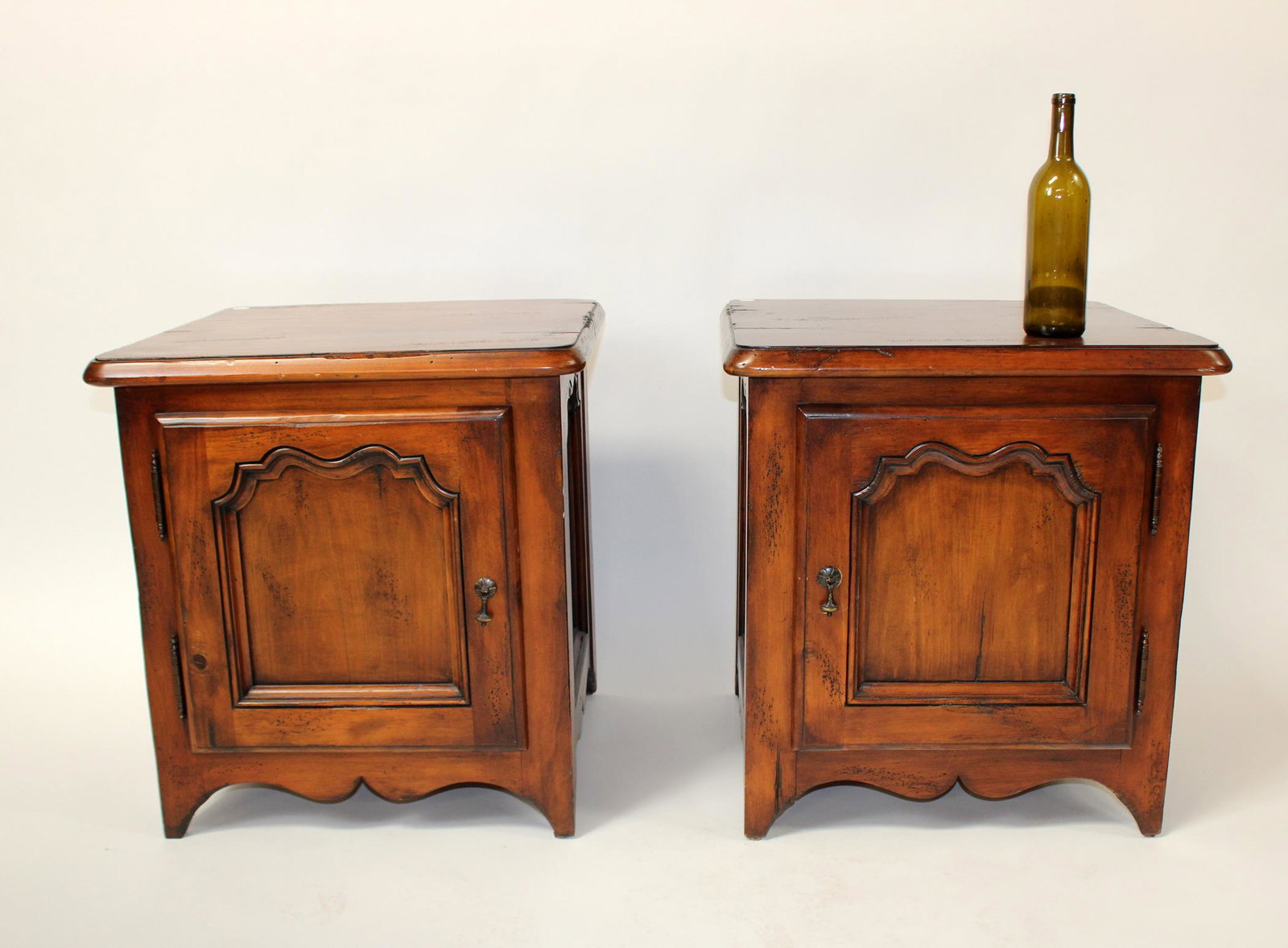 Pair of French Provincial style side tables: Pair of French Provincial style side tables or nightstands. Late 20th century. 25 1/2"h x 24"square.