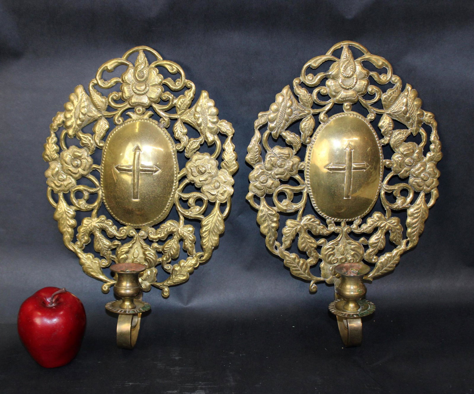 Pair of French brass candle sconces with crosses: Pair of French brass candle sconces with crosses. Early 20th century. 15"h x 10"w