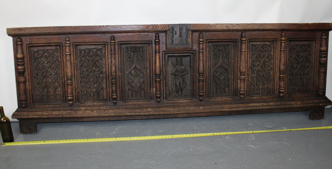 8ft long French Gothic Revival carved oak panel: 8ft long French Gothic Revival carved oak panel. Late 19th century. 30"h x 96"w x 5 1/2"d