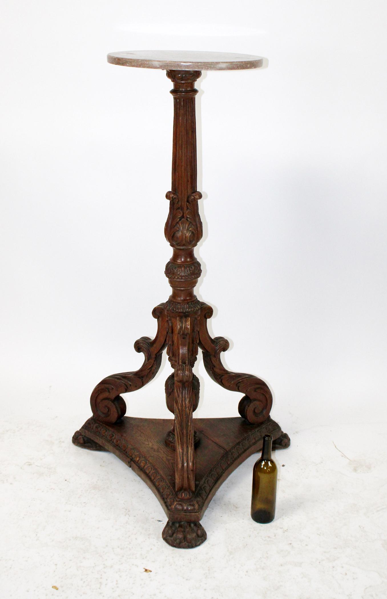 French Louis XIV style plantstand with marble top: French Louis XIV style carved oak plantstand with marble top on paw feet. Late 19th century. 45"h x 32" w at the base , 18" diameter marble top