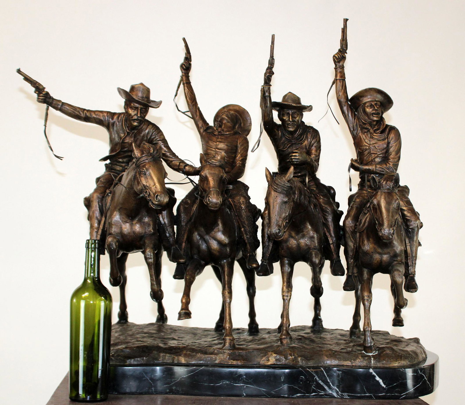 Coming thru the Rye bronze after Remington: Coming thru the Rye, Bronze statue on marble base. After Frederic Remington. 32"h x 31"w x 21"d