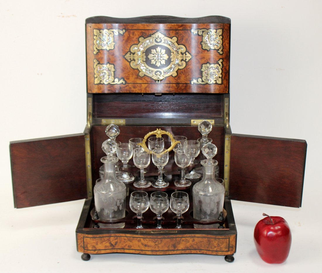 French Napoleon III inlaid cave a liquer box: French Napoleon III inlaid cave a liquer box. Glasses are in 2 different styles. 10 1/2"h x 12 3/4"w x 10"d
